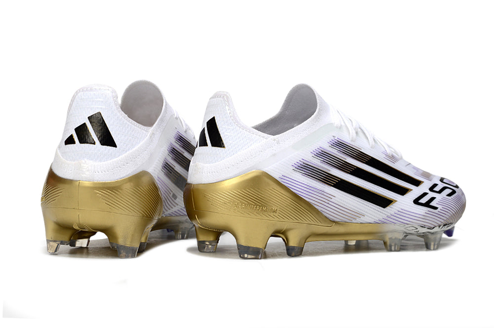 Chuteira Campo Adidas F50+ Elite FG Branca, Preta e Dourada