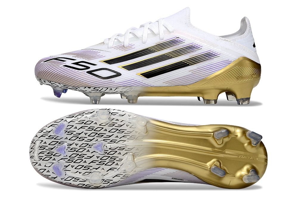 Chuteira Campo Adidas F50+ Elite FG Branca, Preta e Dourada