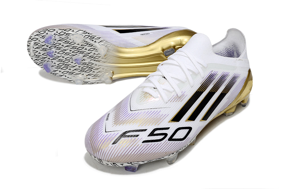 Chuteira Campo Adidas F50+ Elite FG Branca, Preta e Dourada
