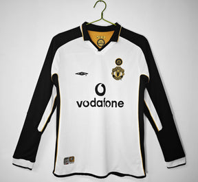 Camisa Manchester United 2001/02 Manga Longa - Versão Retrô Masculino - Dupla Face Dourado e Branco