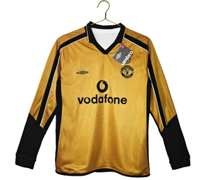 Camisa Manchester United 2001/02 Manga Longa - Versão Retrô Masculino - Dupla Face Dourado e Branco