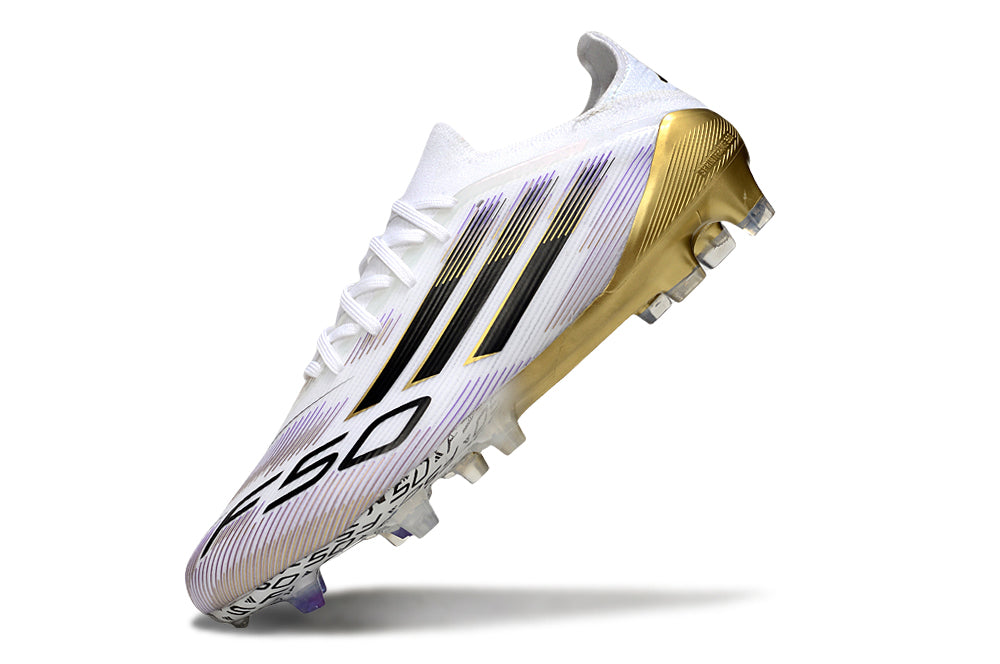 Chuteira Campo Adidas F50+ Elite FG Branca, Preta e Dourada